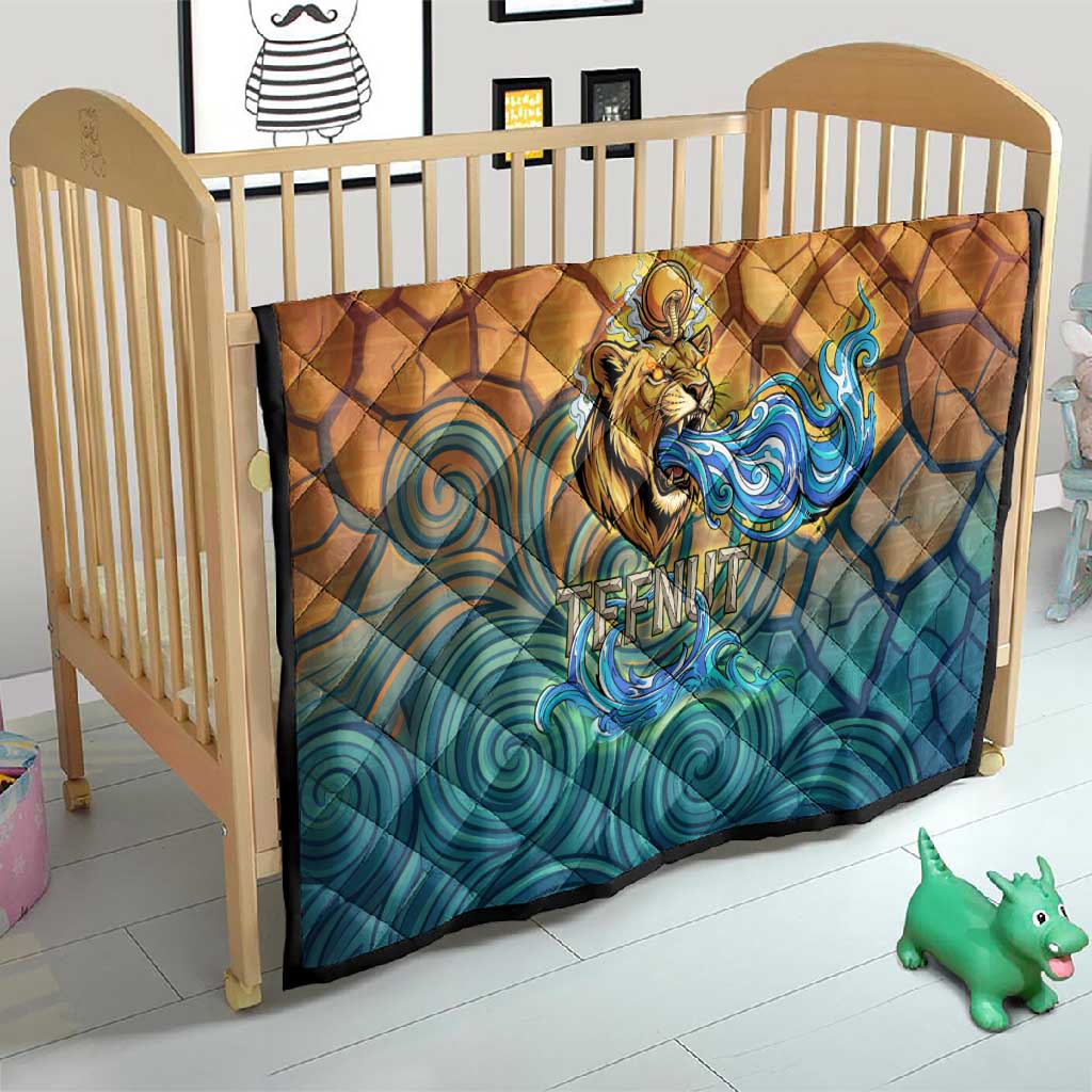 Egyptian Tefnut Fiery Eye Quilt with Roaring Lion in Desert and Water Element