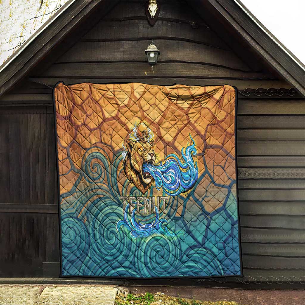 Egyptian Tefnut Fiery Eye Quilt with Roaring Lion in Desert and Water Element
