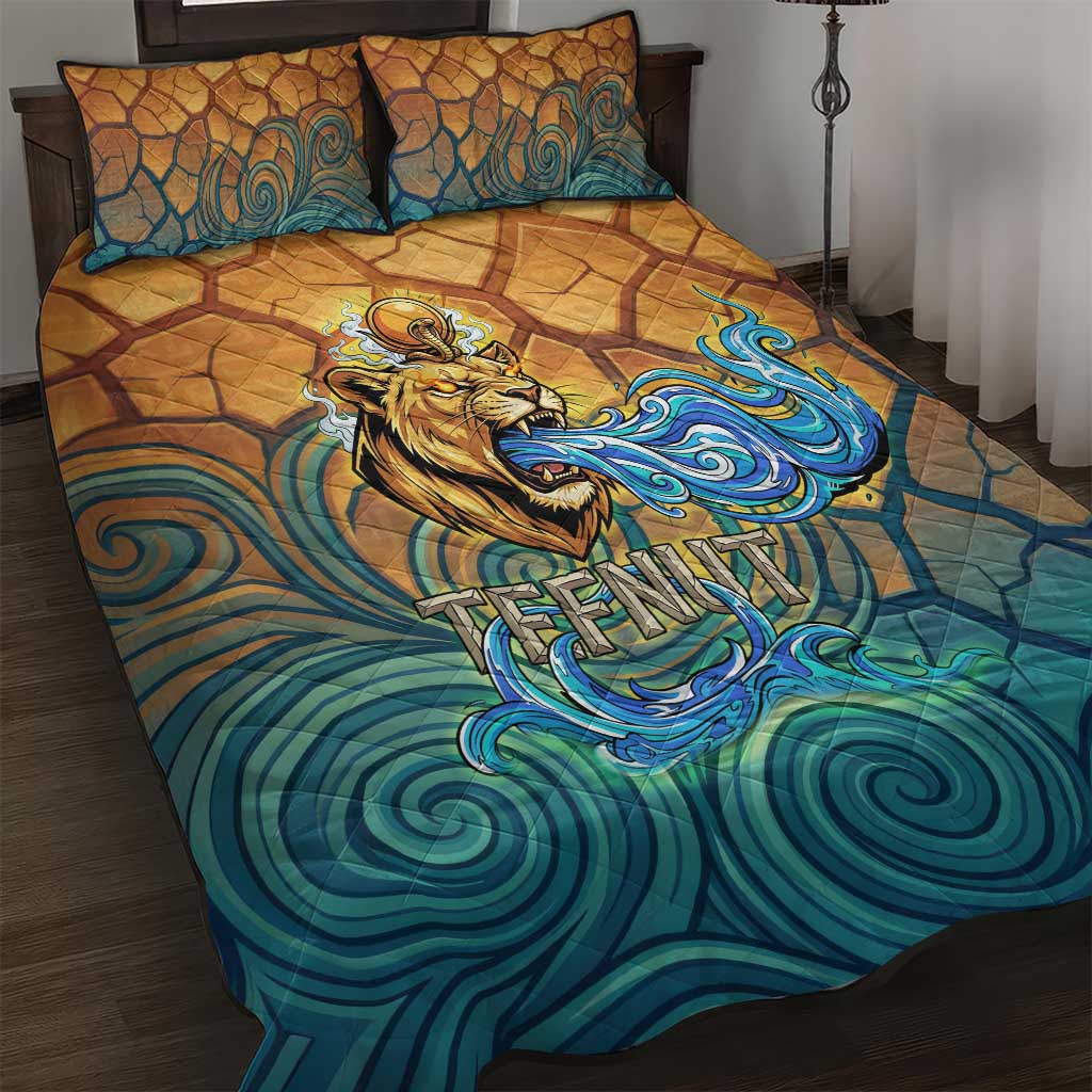 Egyptian Tefnut Fiery Eye Quilt Bed Set with Roaring Lion in Desert and Water Element