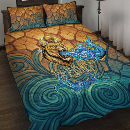 Egyptian Tefnut Fiery Eye Quilt Bed Set with Roaring Lion in Desert and Water Element