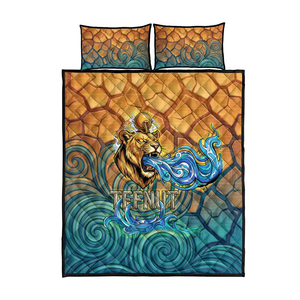 Egyptian Tefnut Fiery Eye Quilt Bed Set with Roaring Lion in Desert and Water Element