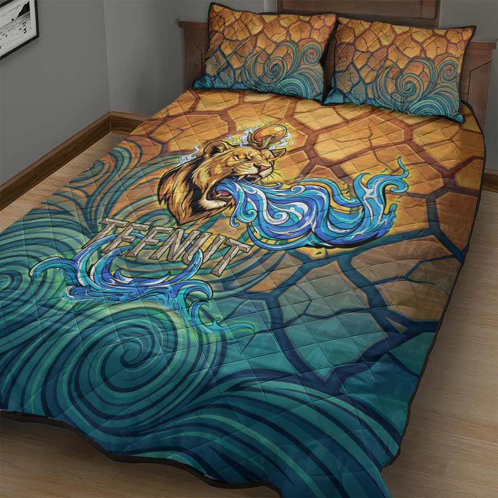 Egyptian Tefnut Fiery Eye Quilt Bed Set with Roaring Lion in Desert and Water Element