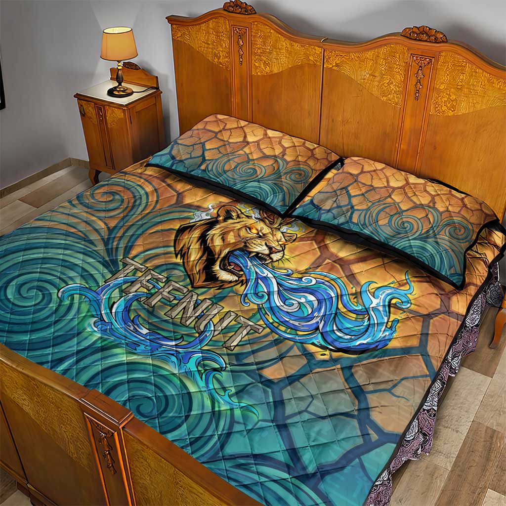 Egyptian Tefnut Fiery Eye Quilt Bed Set with Roaring Lion in Desert and Water Element
