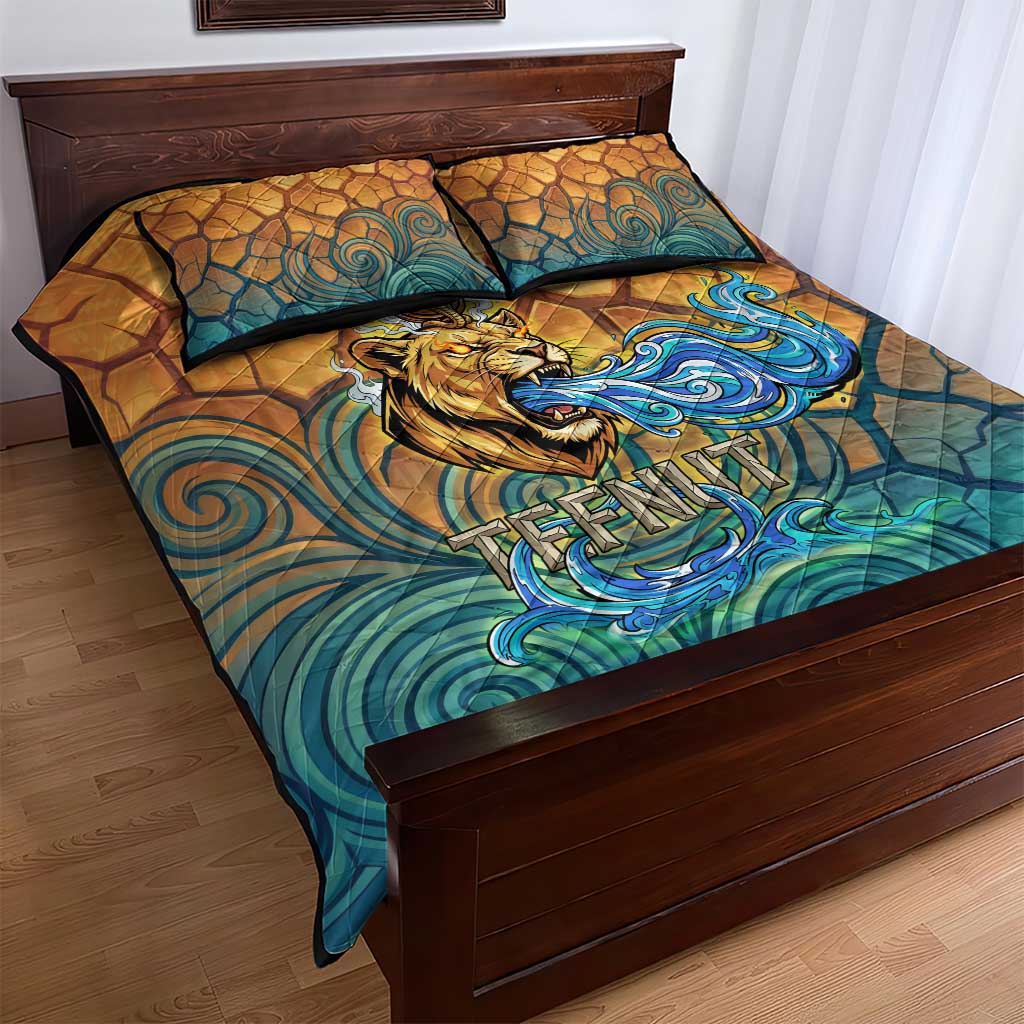 Egyptian Tefnut Fiery Eye Quilt Bed Set with Roaring Lion in Desert and Water Element