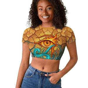 Egyptian Tefnut Fiery Eye Raglan Cropped T shirt with Roaring Lion in Desert and Water Element