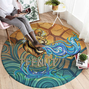 Egyptian Tefnut Fiery Eye Round Carpet with Roaring Lion in Desert and Water Element