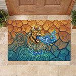 Egyptian Tefnut Fiery Eye Rubber Doormat with Roaring Lion in Desert and Water Element