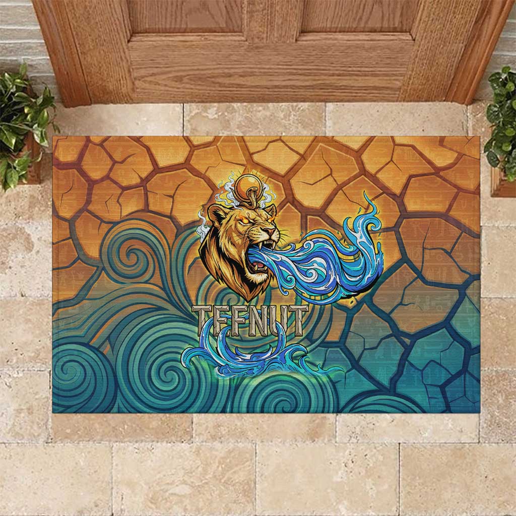 Egyptian Tefnut Fiery Eye Rubber Doormat with Roaring Lion in Desert and Water Element