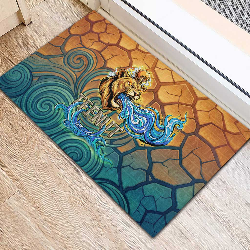 Egyptian Tefnut Fiery Eye Rubber Doormat with Roaring Lion in Desert and Water Element