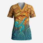 Egyptian Tefnut Fiery Eye Scrub Top with Roaring Lion in Desert and Water Element