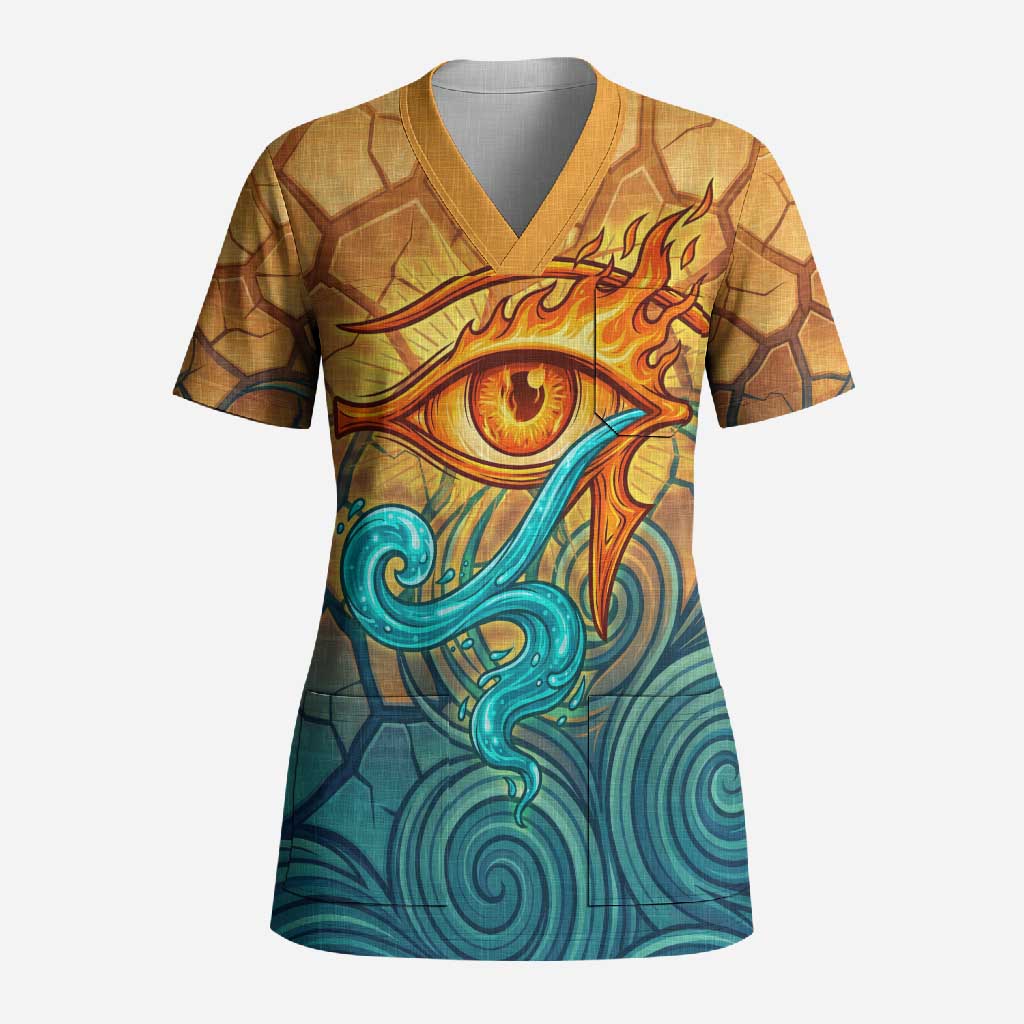 Egyptian Tefnut Fiery Eye Scrub Top with Roaring Lion in Desert and Water Element