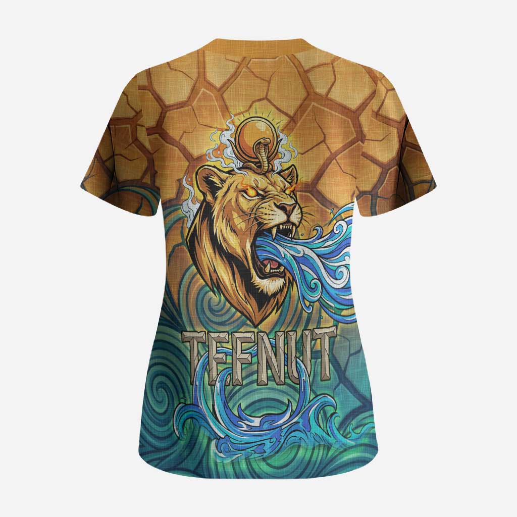 Egyptian Tefnut Fiery Eye Scrub Top with Roaring Lion in Desert and Water Element