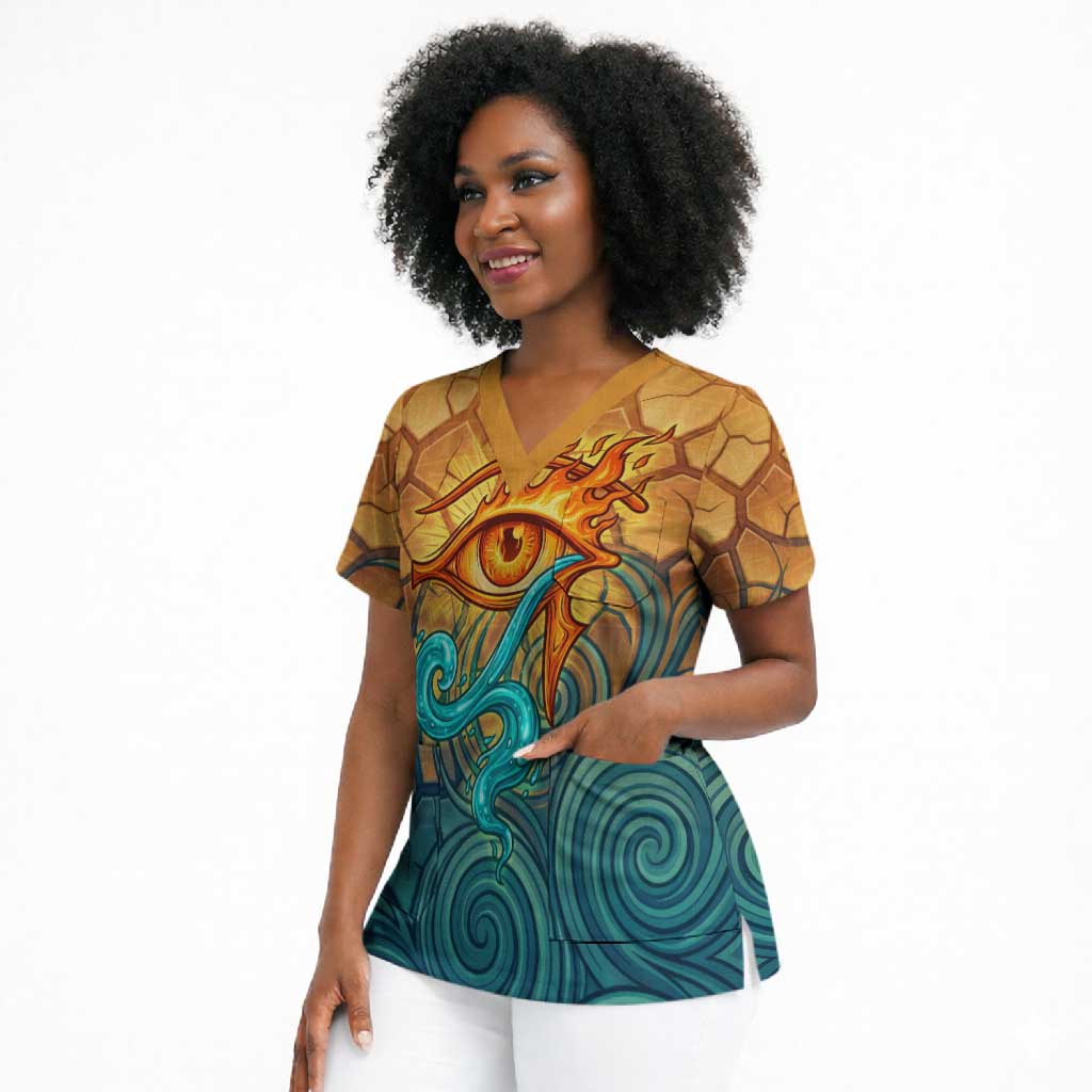 Egyptian Tefnut Fiery Eye Scrub Top with Roaring Lion in Desert and Water Element