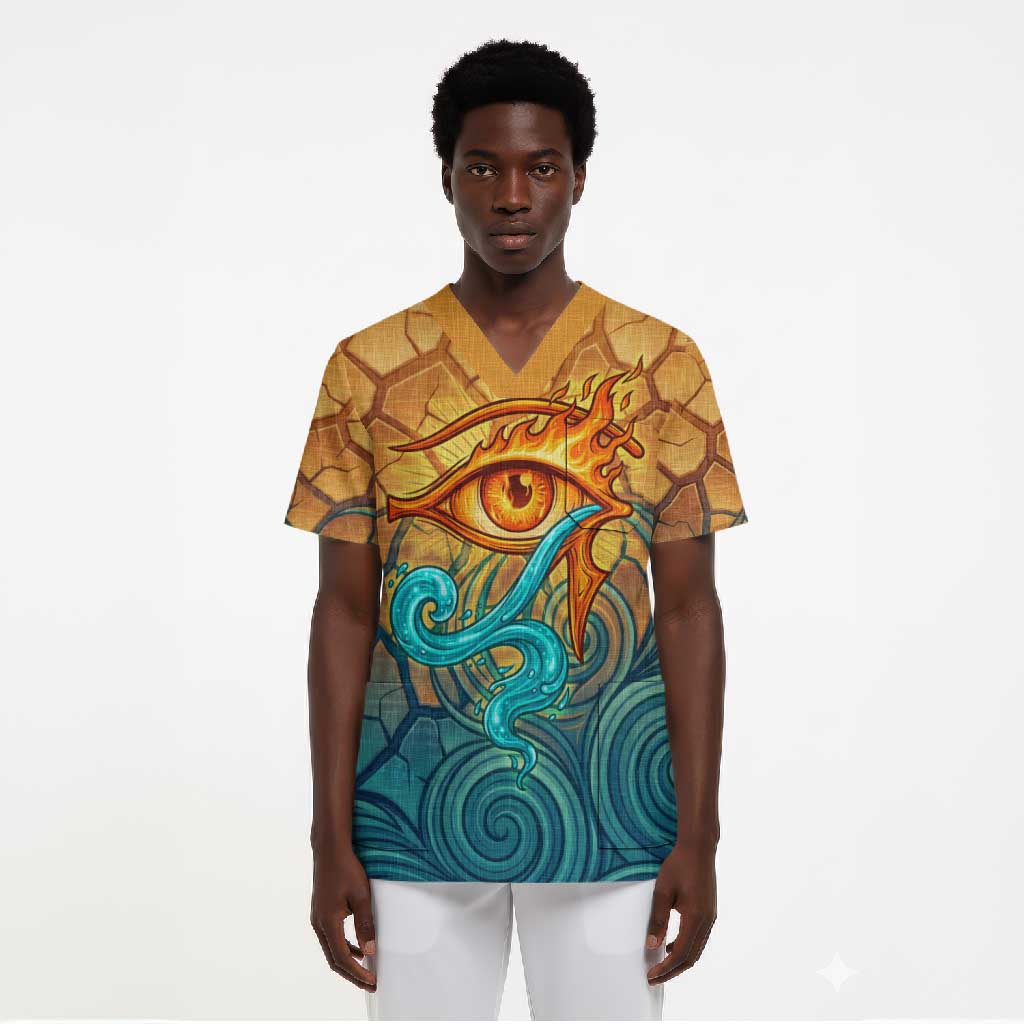 Egyptian Tefnut Fiery Eye Scrub Top with Roaring Lion in Desert and Water Element