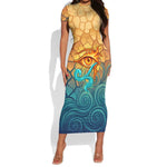 Egyptian Tefnut Fiery Eye Short Sleeve Bodycon Dress with Roaring Lion in Desert and Water Element