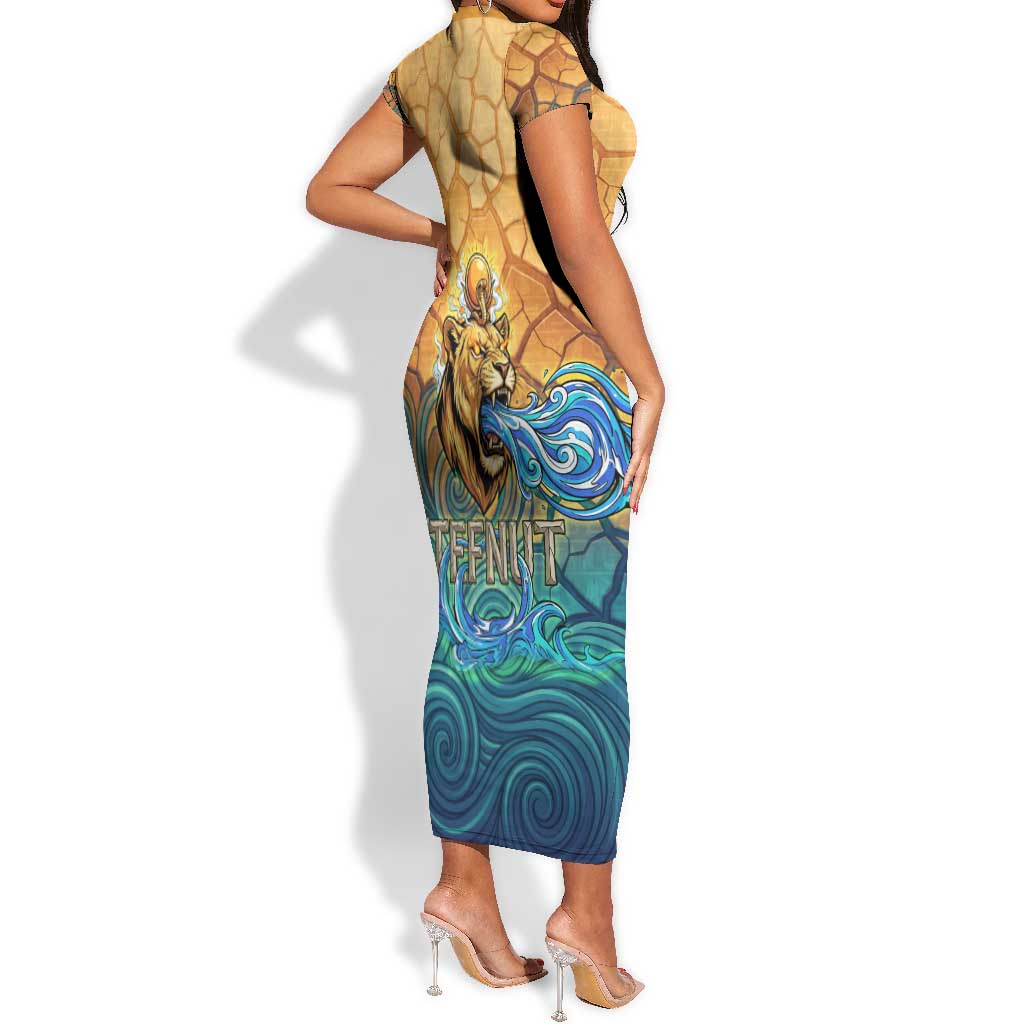Egyptian Tefnut Fiery Eye Short Sleeve Bodycon Dress with Roaring Lion in Desert and Water Element