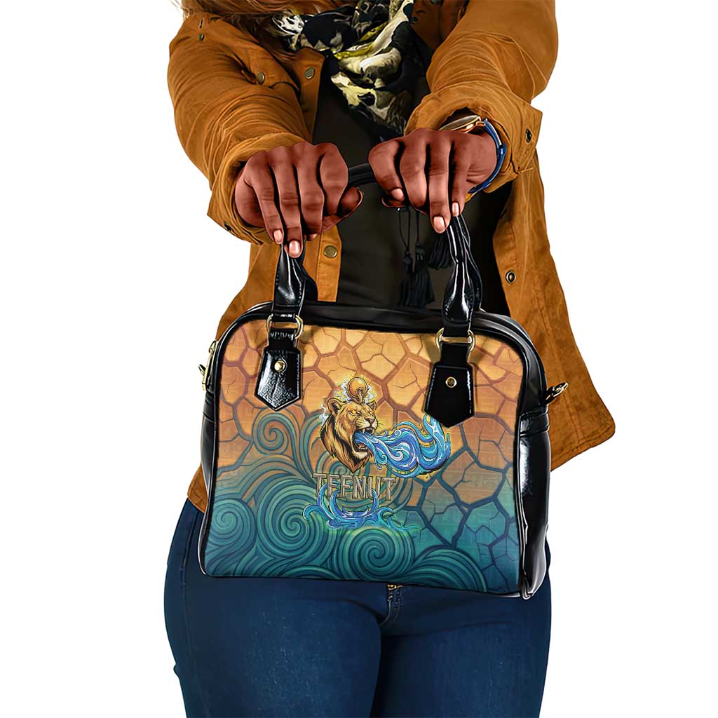 Egyptian Tefnut Fiery Eye Shoulder Handbag with Roaring Lion in Desert and Water Element
