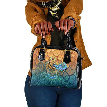 Egyptian Tefnut Fiery Eye Shoulder Handbag with Roaring Lion in Desert and Water Element