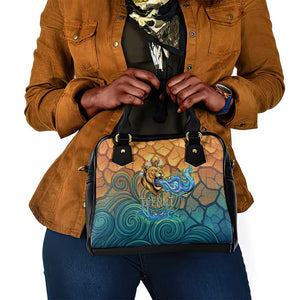 Egyptian Tefnut Fiery Eye Shoulder Handbag with Roaring Lion in Desert and Water Element