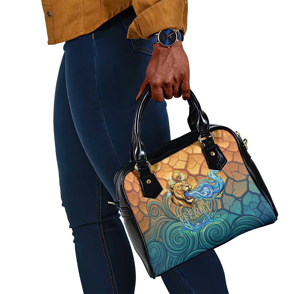 Egyptian Tefnut Fiery Eye Shoulder Handbag with Roaring Lion in Desert and Water Element