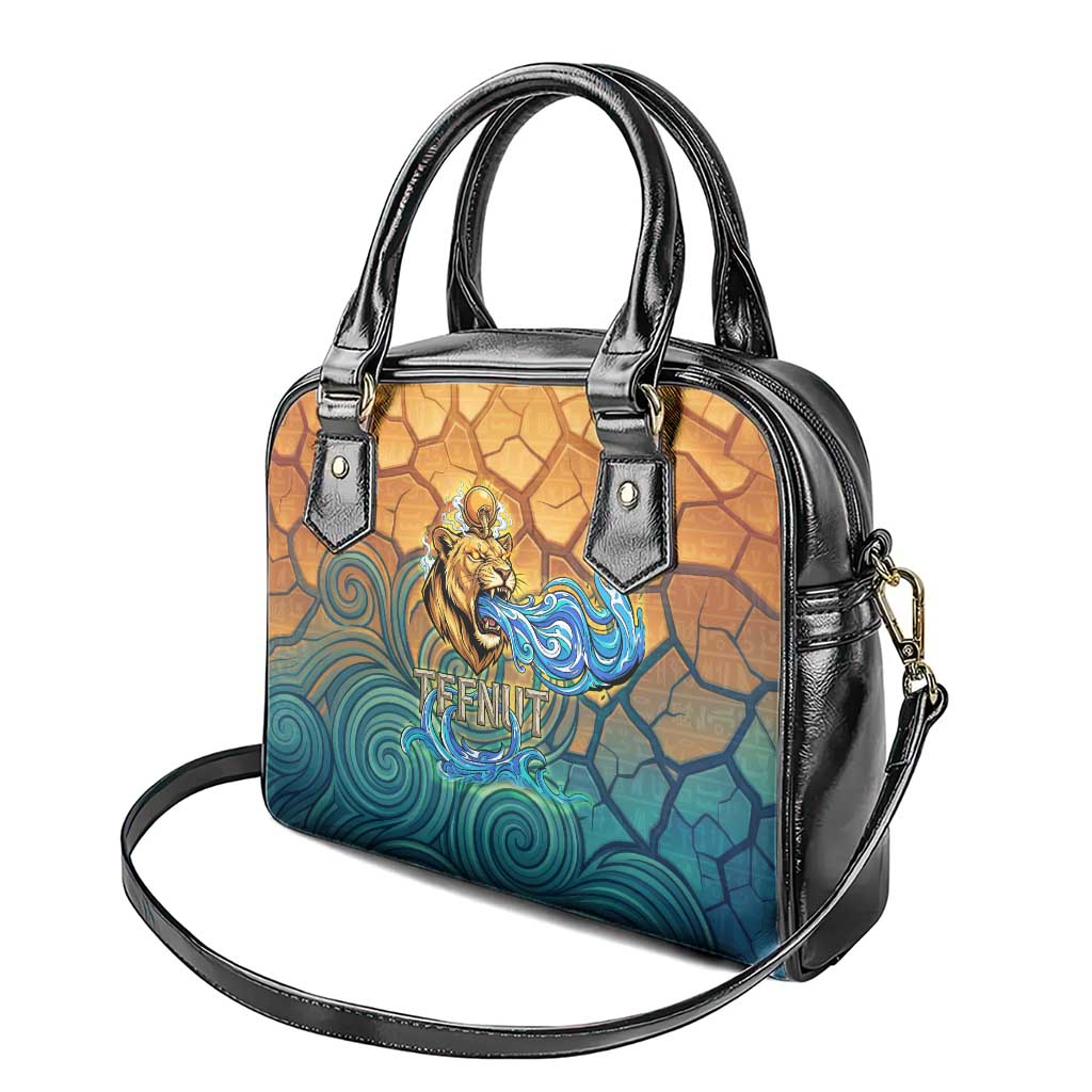 Egyptian Tefnut Fiery Eye Shoulder Handbag with Roaring Lion in Desert and Water Element