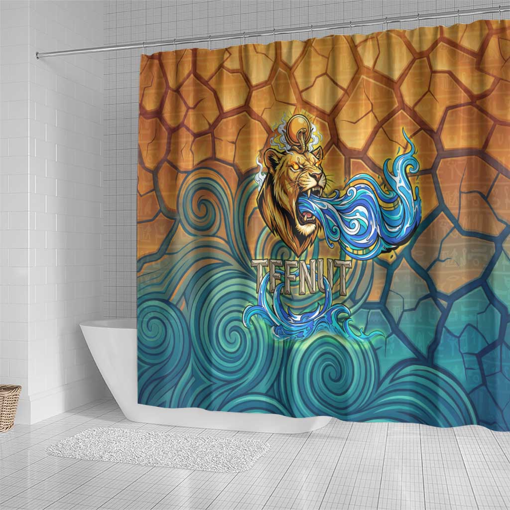 Egyptian Tefnut Fiery Eye Shower Curtain with Roaring Lion in Desert and Water Element