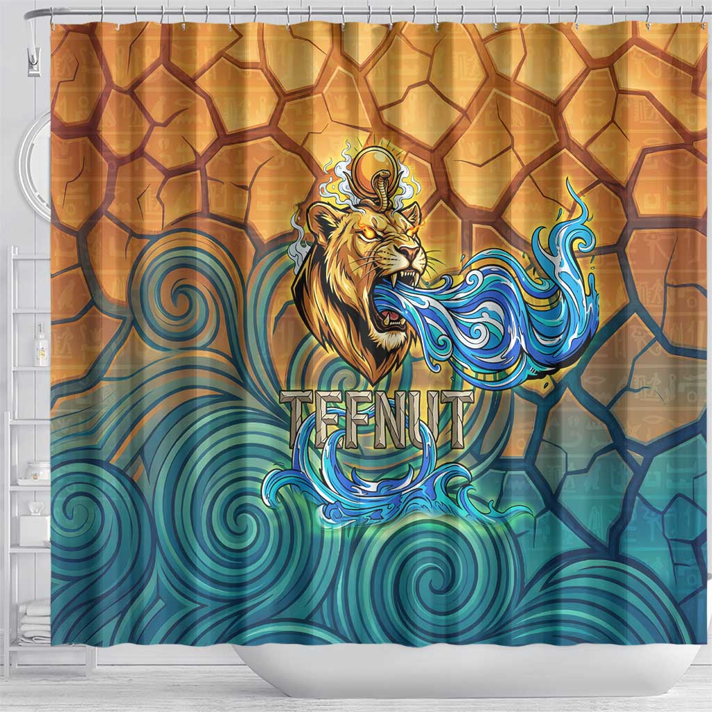 Egyptian Tefnut Fiery Eye Shower Curtain with Roaring Lion in Desert and Water Element