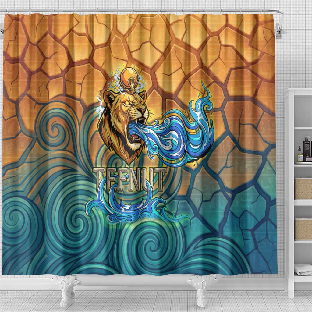 Egyptian Tefnut Fiery Eye Shower Curtain with Roaring Lion in Desert and Water Element
