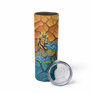 Egyptian Tefnut Fiery Eye Skinny Tumbler with Roaring Lion in Desert and Water Element