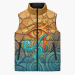 Egyptian Tefnut Fiery Eye Sleeveless Puffer Jacket with Roaring Lion in Desert and Water Element