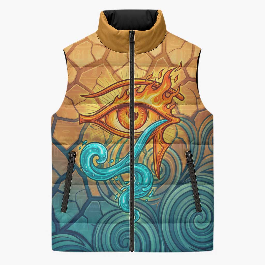 Egyptian Tefnut Fiery Eye Sleeveless Puffer Jacket with Roaring Lion in Desert and Water Element