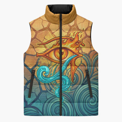 Egyptian Tefnut Fiery Eye Sleeveless Puffer Jacket with Roaring Lion in Desert and Water Element
