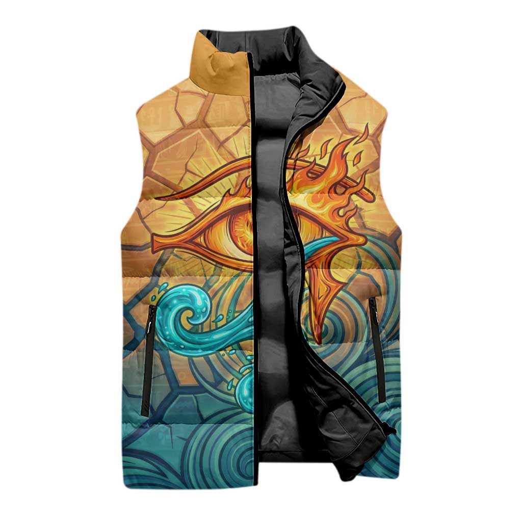 Egyptian Tefnut Fiery Eye Sleeveless Puffer Jacket with Roaring Lion in Desert and Water Element