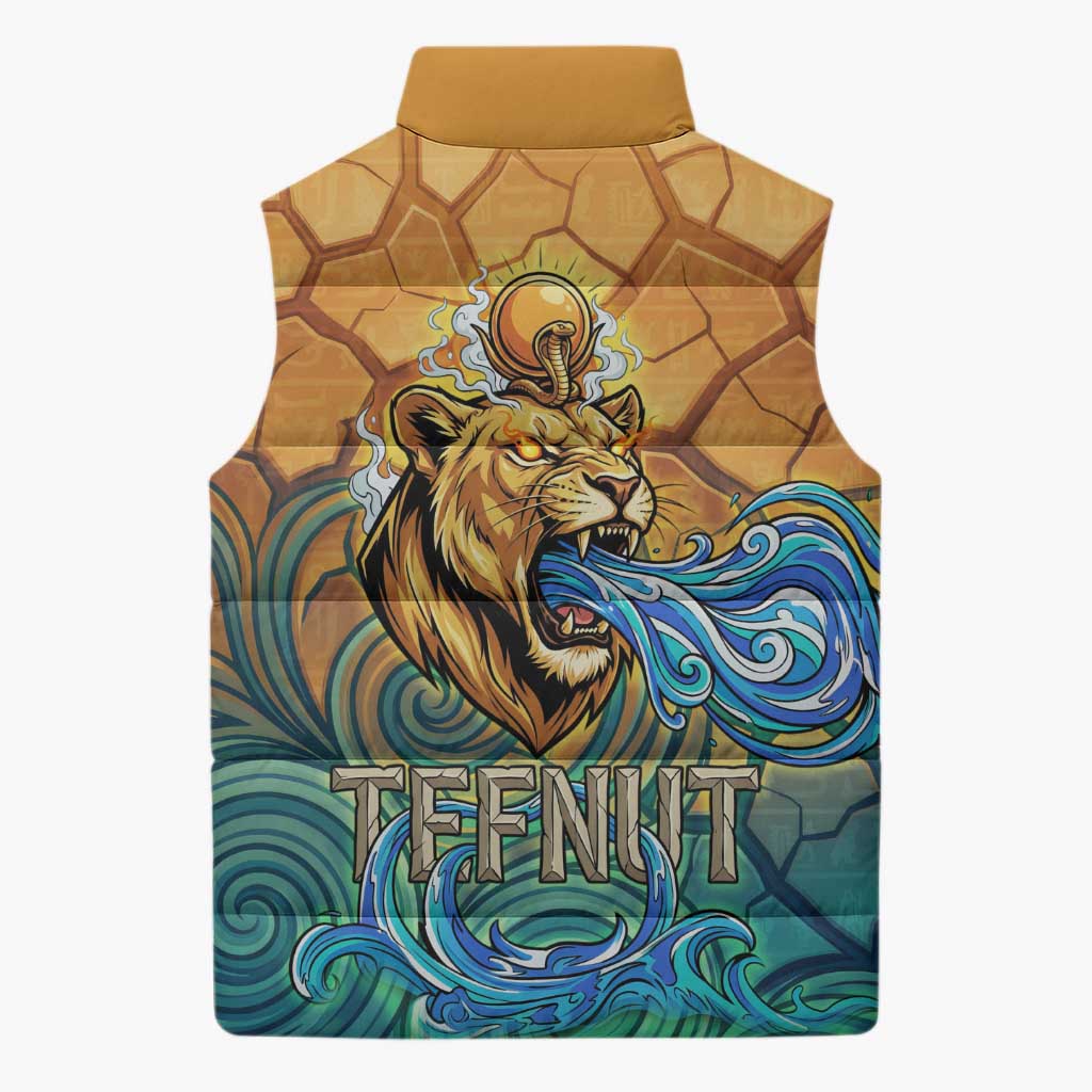 Egyptian Tefnut Fiery Eye Sleeveless Puffer Jacket with Roaring Lion in Desert and Water Element