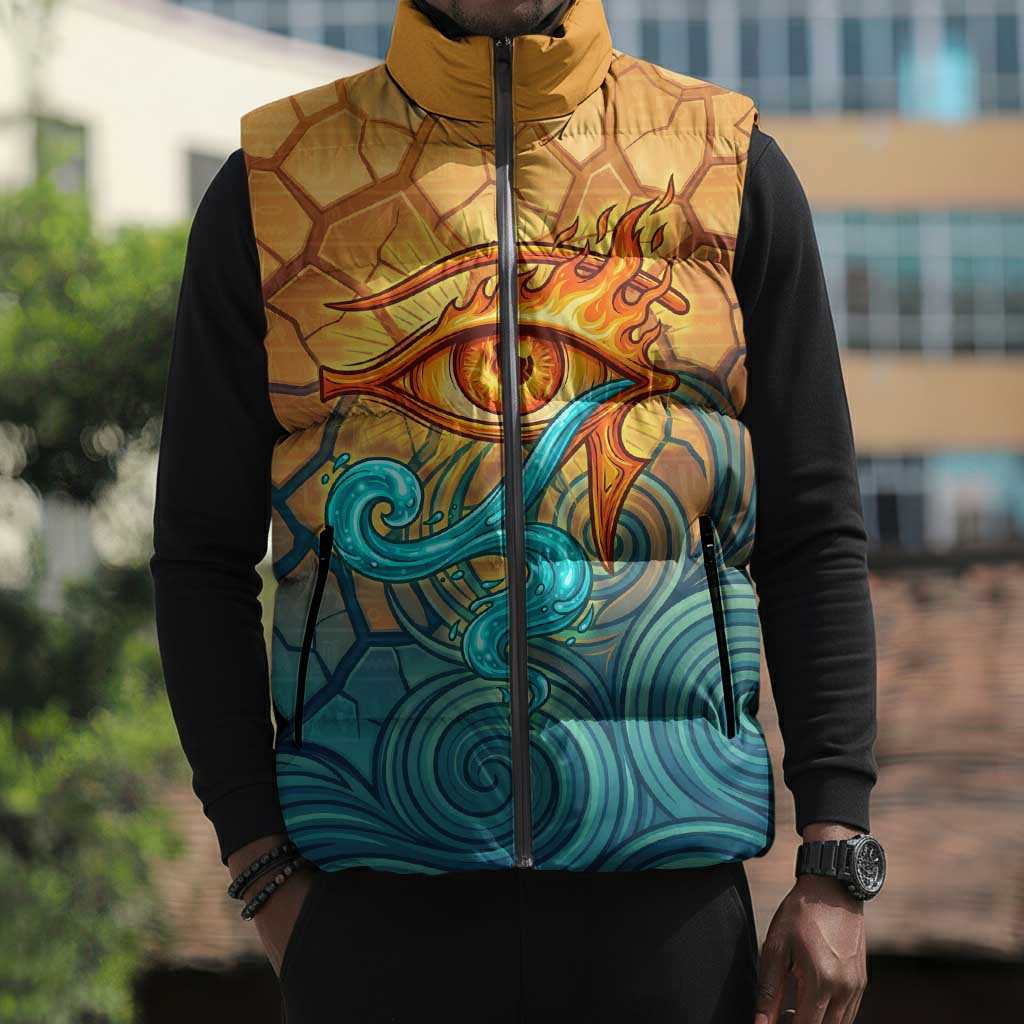 Egyptian Tefnut Fiery Eye Sleeveless Puffer Jacket with Roaring Lion in Desert and Water Element