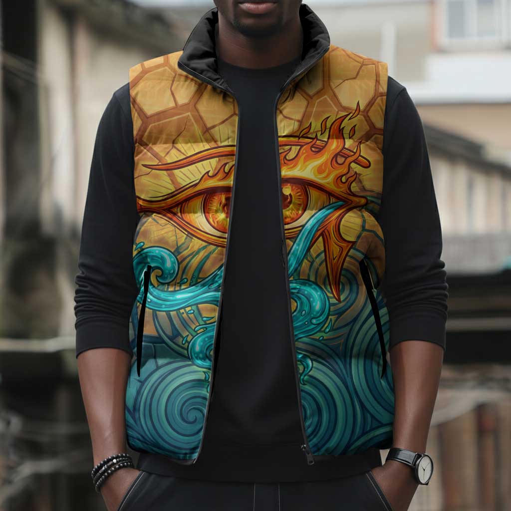 Egyptian Tefnut Fiery Eye Sleeveless Puffer Jacket with Roaring Lion in Desert and Water Element