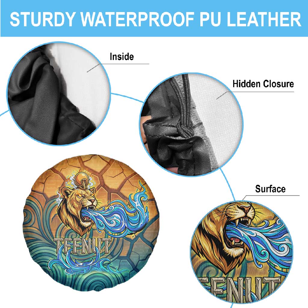 Egyptian Tefnut Fiery Eye Spare Tire Cover with Roaring Lion in Desert and Water Element