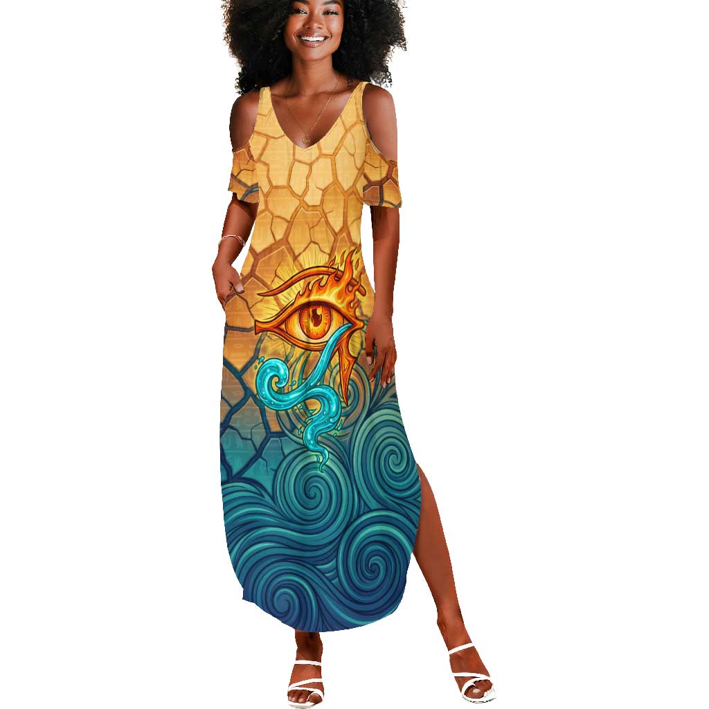 Egyptian Tefnut Fiery Eye Summer Maxi Dress with Roaring Lion in Desert and Water Element