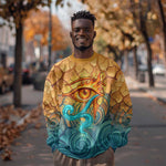 Egyptian Tefnut Fiery Eye Sweatshirt with Roaring Lion in Desert and Water Element