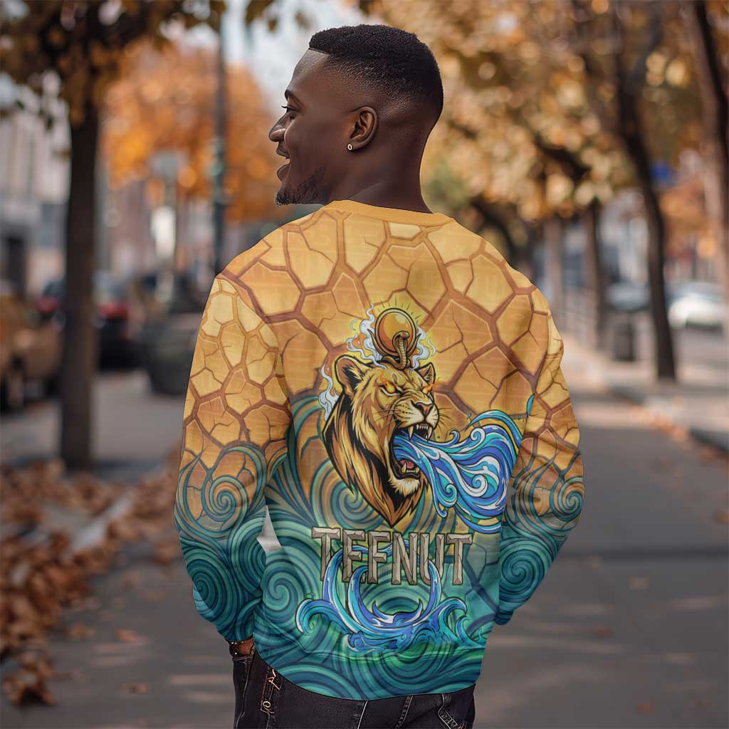 Egyptian Tefnut Fiery Eye Sweatshirt with Roaring Lion in Desert and Water Element