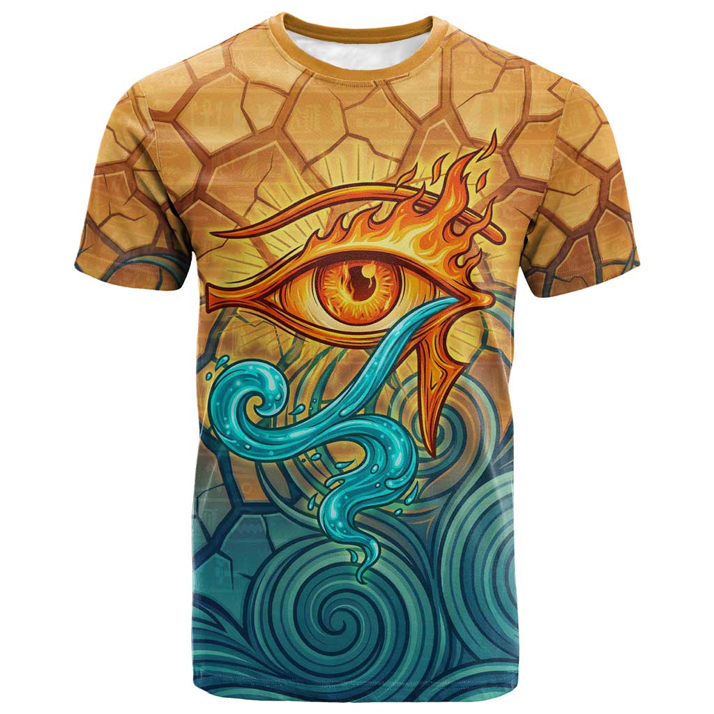 Egyptian Tefnut Fiery Eye T shirt with Roaring Lion in Desert and Water Element