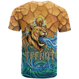 Egyptian Tefnut Fiery Eye T shirt with Roaring Lion in Desert and Water Element