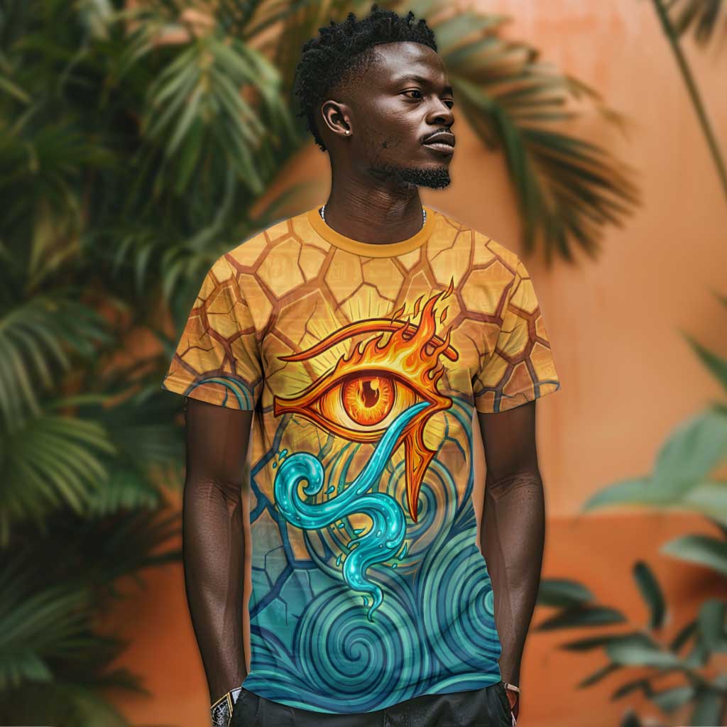 Egyptian Tefnut Fiery Eye T shirt with Roaring Lion in Desert and Water Element