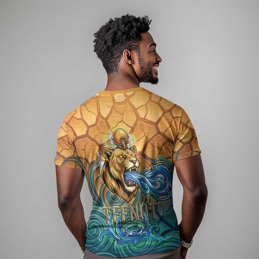 Egyptian Tefnut Fiery Eye T shirt with Roaring Lion in Desert and Water Element