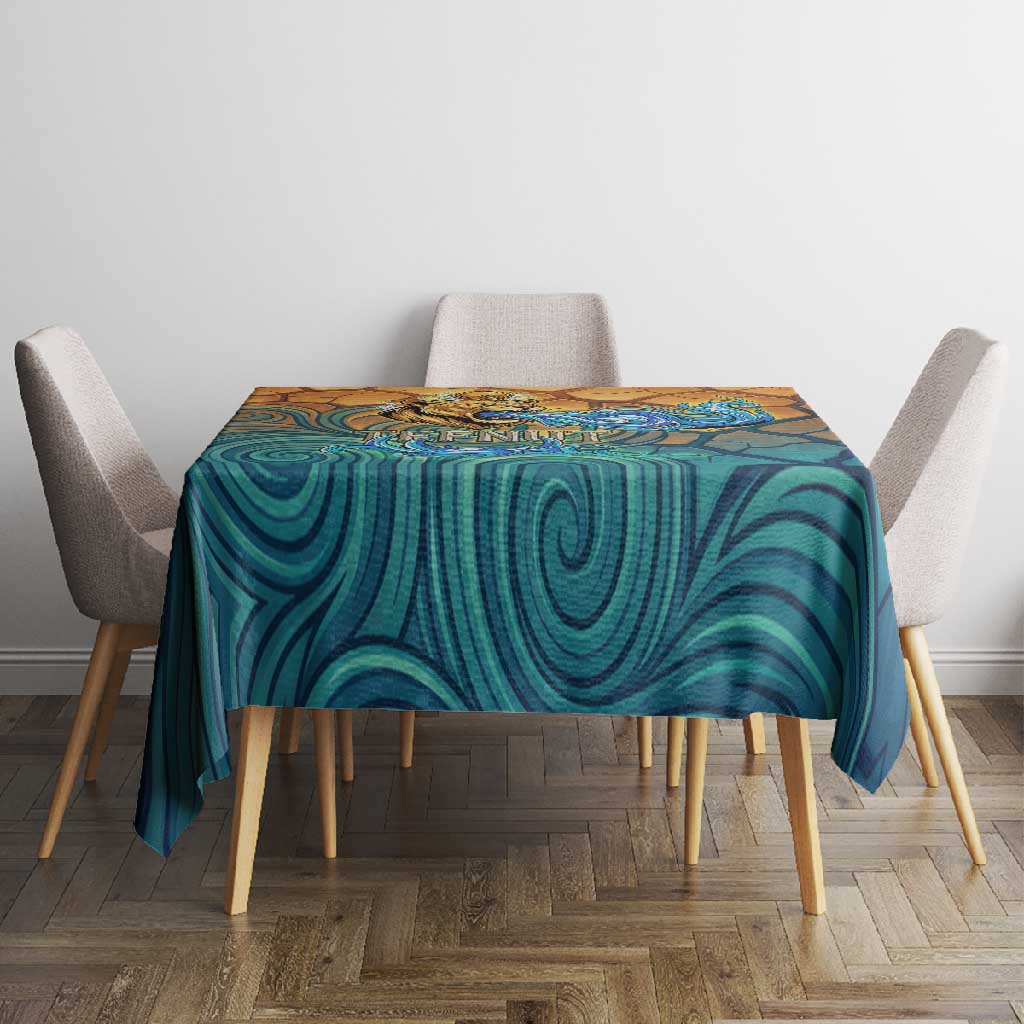 Egyptian Tefnut Fiery Eye Tablecloth with Roaring Lion in Desert and Water Element