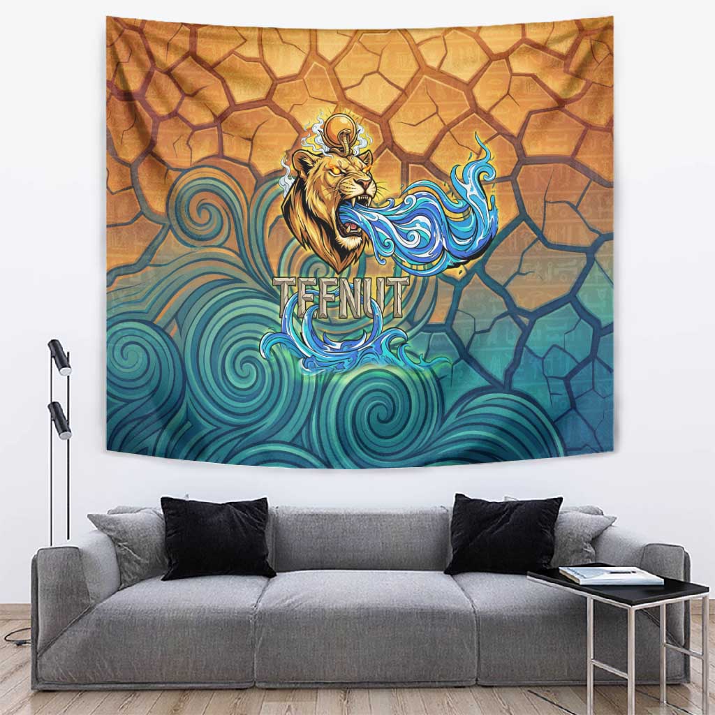 Egyptian Tefnut Fiery Eye Tapestry with Roaring Lion in Desert and Water Element