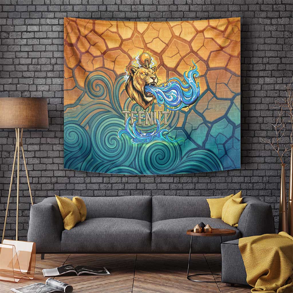 Egyptian Tefnut Fiery Eye Tapestry with Roaring Lion in Desert and Water Element