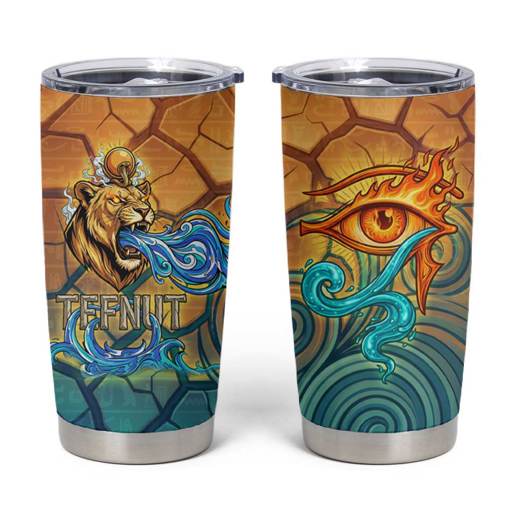 Egyptian Tefnut Fiery Eye Tumbler Cup with Roaring Lion in Desert and Water Element