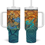 Egyptian Tefnut Fiery Eye Tumbler With Handle with Roaring Lion in Desert and Water Element