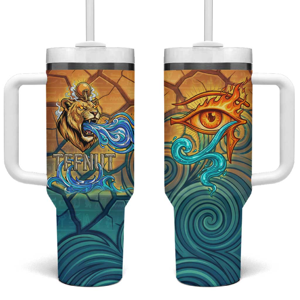 Egyptian Tefnut Fiery Eye Tumbler With Handle with Roaring Lion in Desert and Water Element